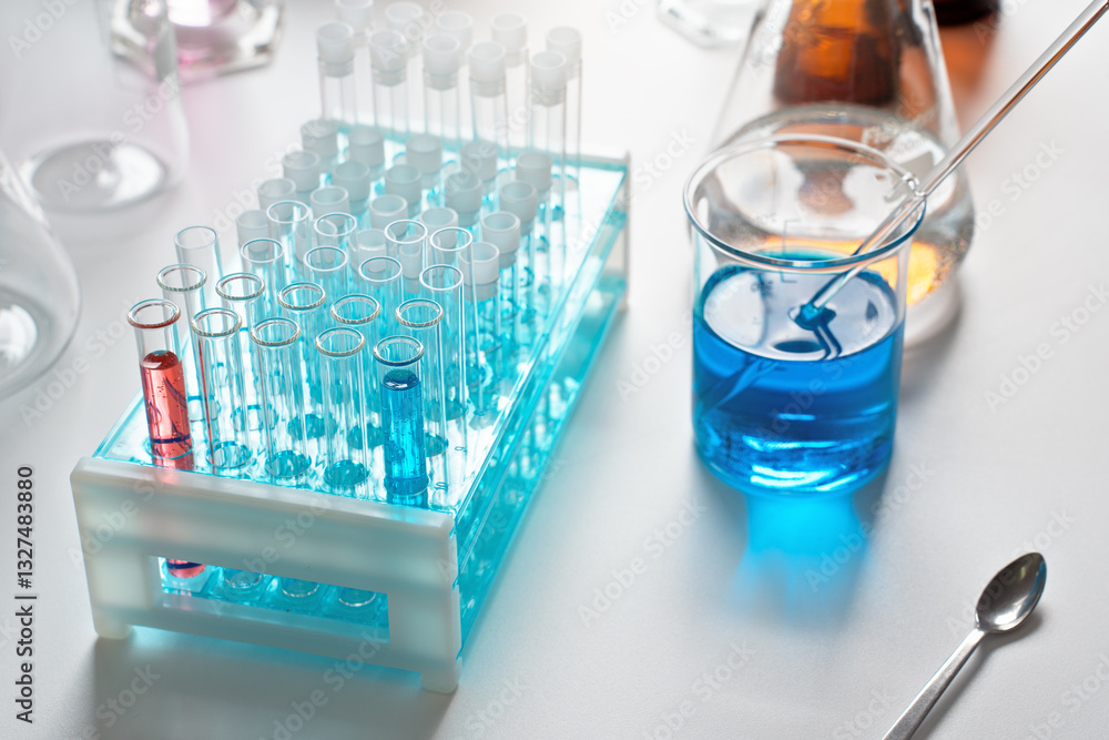 Lab table with test tubes stand and blue liquid in beaker, chemical analysis concept