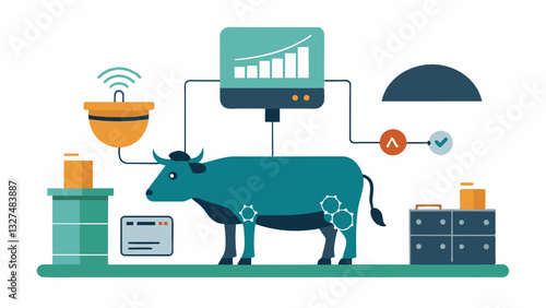 This smart cattle feeder has the capability to connect with other farm management systems providing a comprehensive and streamlined approach to cattle feeding.. Vector illustration