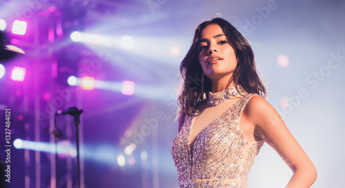Young hispanic female in sparkling dress performing on stage under colorful lights