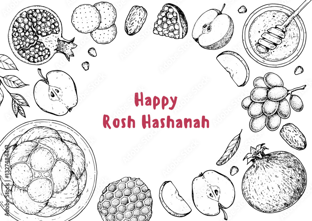 Fototapeta premium Rosh Hashanah greeting card design template. Hand drawn vector illustration. Jewish new year symbols. Challah bread, apple, pomegranate , honey top view.
