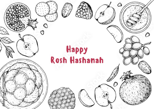 Rosh Hashanah greeting card design template. Hand drawn vector illustration. Jewish new year symbols. Challah bread, apple, pomegranate , honey top view.