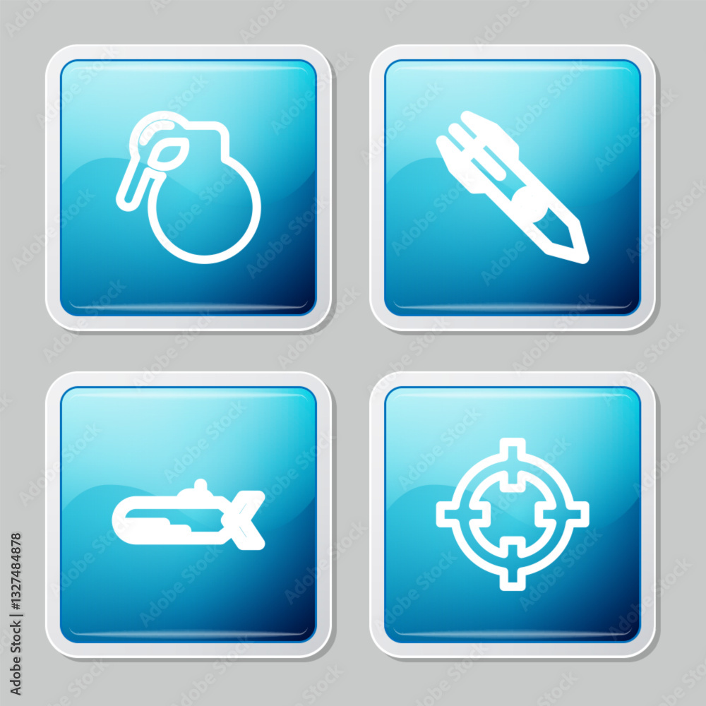 Set line Hand grenade, Nuclear rocket, Submarine and Target sport icon. Vector Set line Hand grenade, Nuclear rocket, Submarine and Target sport icon. Vector
