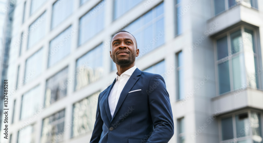 Confident african male adult in blue suit standing against modern glass building Confident african male adult in blue suit standing against modern glass building