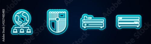 Set line Computer network, Shield for game, Video console and . Glowing neon icon. Vector