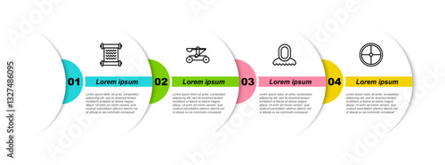Set line Decree, parchment, scroll, Catapult shooting stones, Medieval hood and Round wooden shield. Business infographic template. Vector