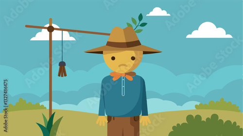 The scarecrows head hangs low its straw hat sagging to one side. In its lonesome stance it speaks of the hardships faced by farmers in a changing world.. Vector illustration