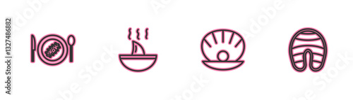 Set line Served cucumber on a plate, Shell with pearl, Shark fin soup and Fish steak icon. Vector