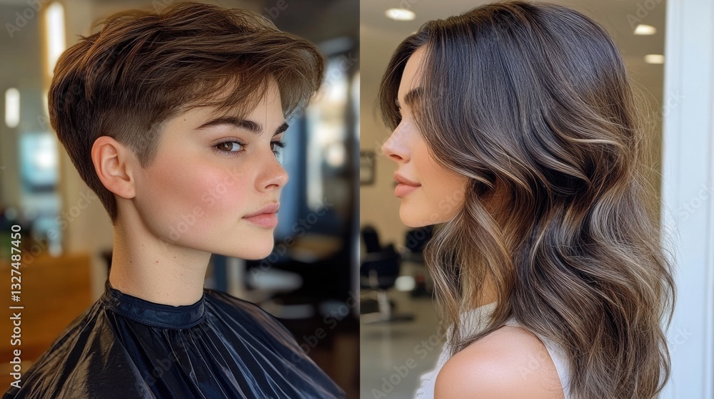 Naklejka premium Beauty transformation in Saint Petersburg salon showcasing short hair contrasted with long, voluminous locks in warm lighting Generative AI