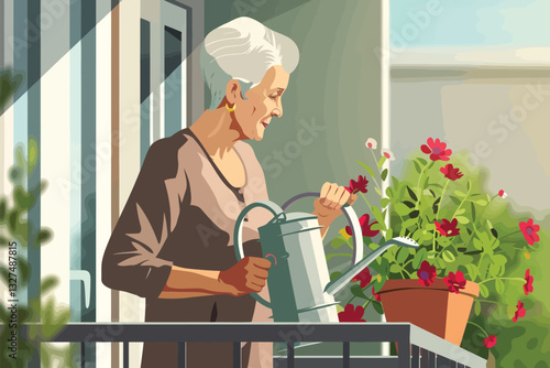 Middle-aged white woman watering plants on a sunny ba middleaged isolated