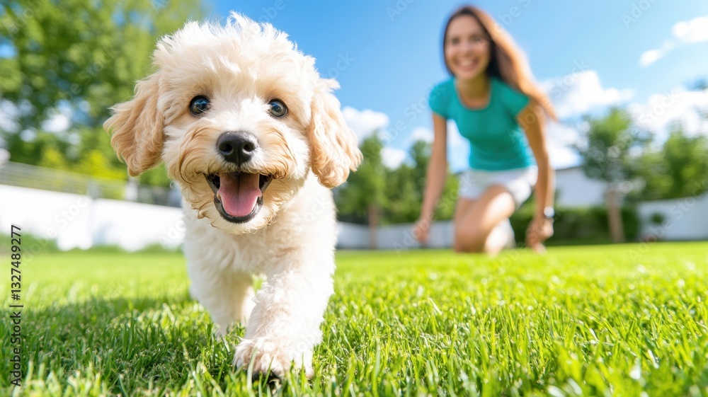 Small white poodle puppy dog running happily on grass in a park with its owner on a sunny day Small white poodle puppy dog running happily on grass in a park with its owner on a sunny day