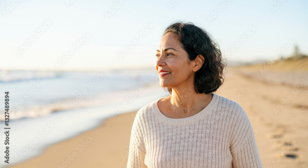 Hispanic mature woman smiling on beach during daytime with sweater and short hair Hispanic mature woman smiling on beach during daytime with sweater and short hair