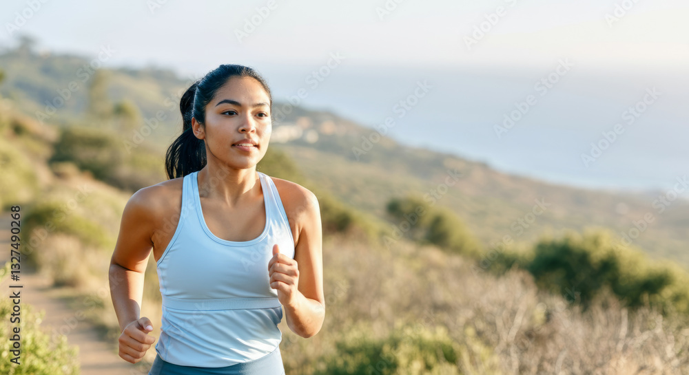 Young hispanic female running on scenic outdoor trail in nature Young hispanic female running on scenic outdoor trail in nature