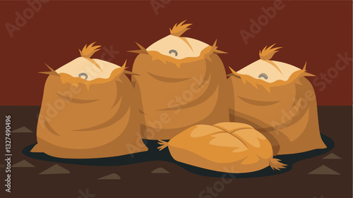 The once neatly stacked sacks of grain now lay tered and empty a haunting reminder of a food crisis looming over the warehouse.. Vector illustration