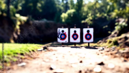 Target Practice: A row of target practice sheets showing precise bullet impacts set in the outdoors. The targets showcase various levels of accuracy.