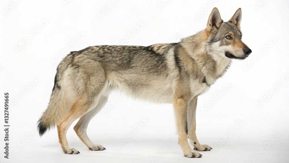 Czechoslovakian Wolfdog in full view on white studio background Czechoslovakian Wolfdog in full view on white studio background
