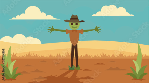 The only sign of life in the desolate field was the scarecrow its outstretched arms a futile attempt to ward off the inevitable death of the crops around it.. Vector illustration