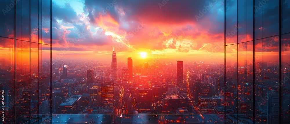 Fototapeta premium Fiery sunset cityscape viewed through glass