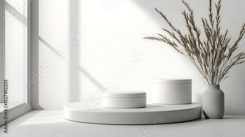 Wallpaper Mural Minimalist white display podium, dried flowers, sunlit room, product presentation Torontodigital.ca