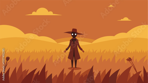 The oncecolorful field had now turned into a sea of brown and the solitary scarecrow stood in the center a silent martyr to the end of an era.. Vector illustration