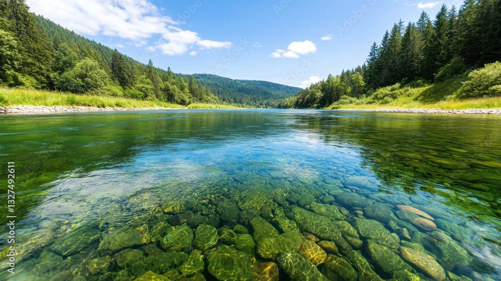 Fototapeta premium A serene river scene featuring clear water, visible stones beneath, and lush greenery along the banks under a bright blue sky.