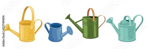 Set of summer watering Can. Garden spring watering cans as a tools for watering plants. Flat illustration on white background. Scrapbook design elements in vector.