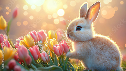 White Bunny with Tulips on a Soft bokeh Gradient Background with Open Text Space – Perfect for March 8, International Women’s Day, Mother’s Day, Birthday photo