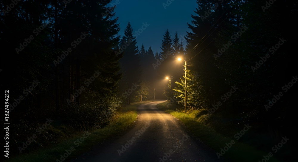 Obraz premium A lonely winding dirt road in a quiet rural village at night, surrounded by dense dark pine trees, illuminated only by the soft glow of a distant streetlamp