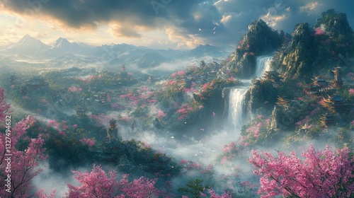 Misty mountain valley with waterfall and cherry blossoms
