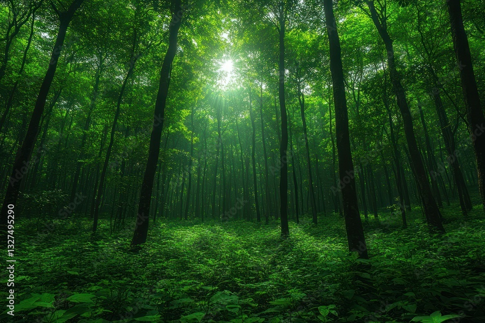Naklejka premium Sunlit green forest, lush undergrowth, tranquil scene