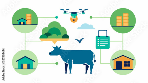 The data collected from dronebased livestock counting can be integrated with other farm management systems for a more holistic approach.. Vector illustration