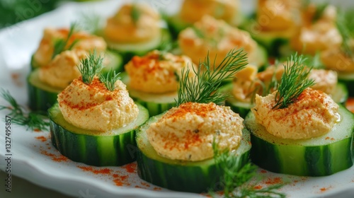 Refreshing cucumber bites topped with creamy hummus and dill, perfect appetizer