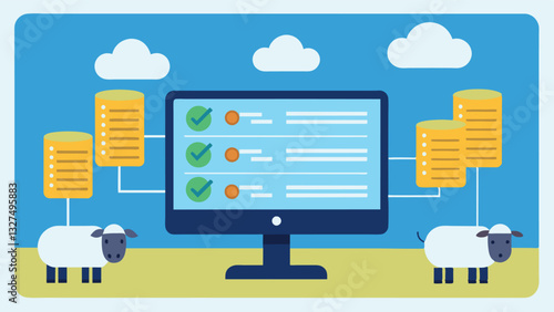 Through a computer screen we see a database filled with detailed records and characteristics of each individual sheep in a flock all thanks to AI technology and its ability to. Vector illustration