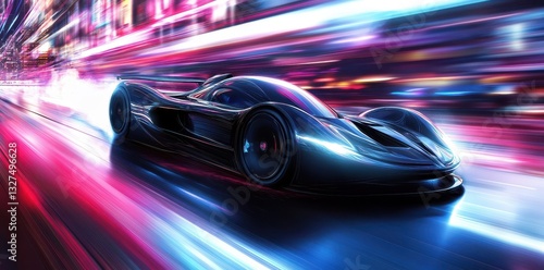 A sleek black race car speeding on a luminous colorful track