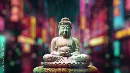 Ancient Buddha Statue for in Cyberpunk City under Rays of Magic