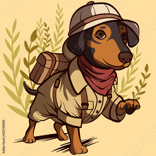 A dachshund wearing safari clothes, scarf and cap travelling. Beagle dog with backpack on vacation.