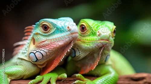 The image showcases two intertwined iguanas with captivating colors, reflecting themes of companionship, beauty, and resilience in nature's design. photo