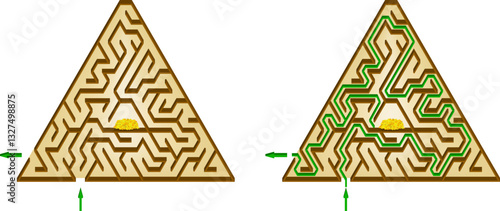 Find a gold treasure inside the pyramid. Cartoon style isometric triangular maze. 