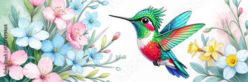 cute drawn bird hummingbird flowers illustration