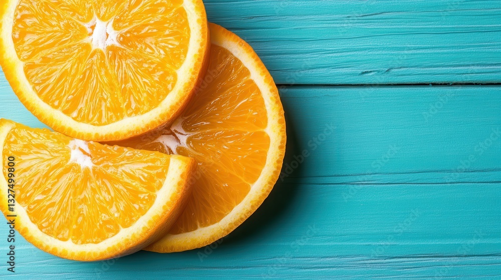 Slabs of bright orange slices displayed elegantly against a blue wooden surface, exuding a cheerful aura that sparks joy and creativity in aesthetic food photography. Slabs of bright orange slices displayed elegantly against a blue wooden surface, exuding a cheerful aura that sparks joy and creativity in aesthetic food photography.