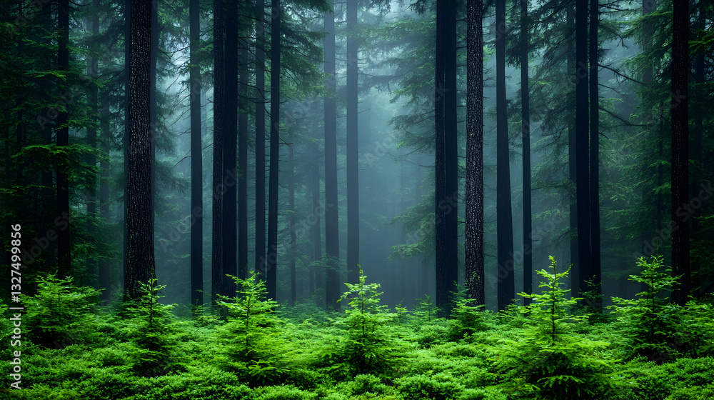 Fototapeta premium Misty forest interior, tall trees, soft light