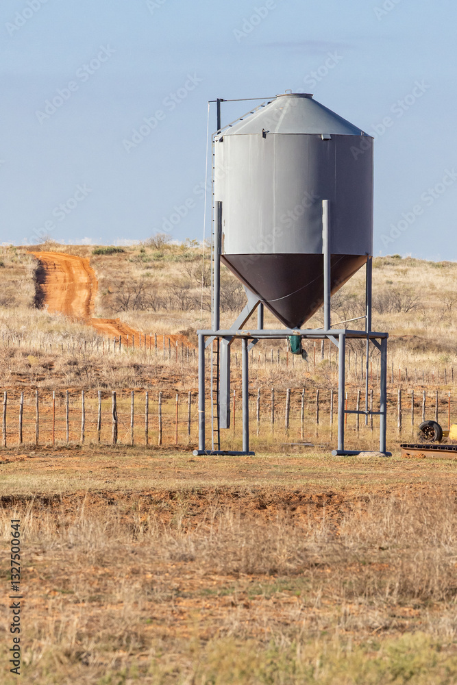Grain hopper along a farm road in Texas.