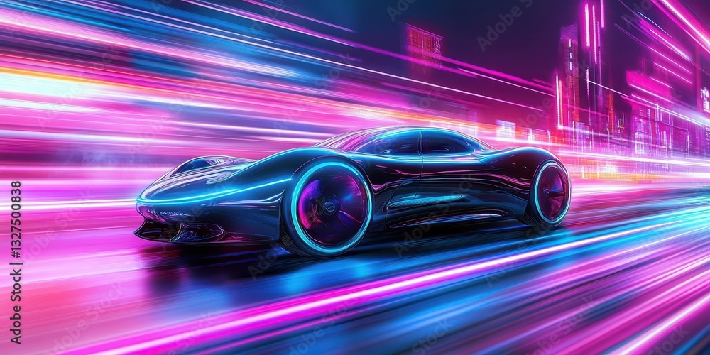 A Futuristic High Speed Car Driving Through Neon Illuminated Streets A Futuristic High Speed Car Driving Through Neon Illuminated Streets