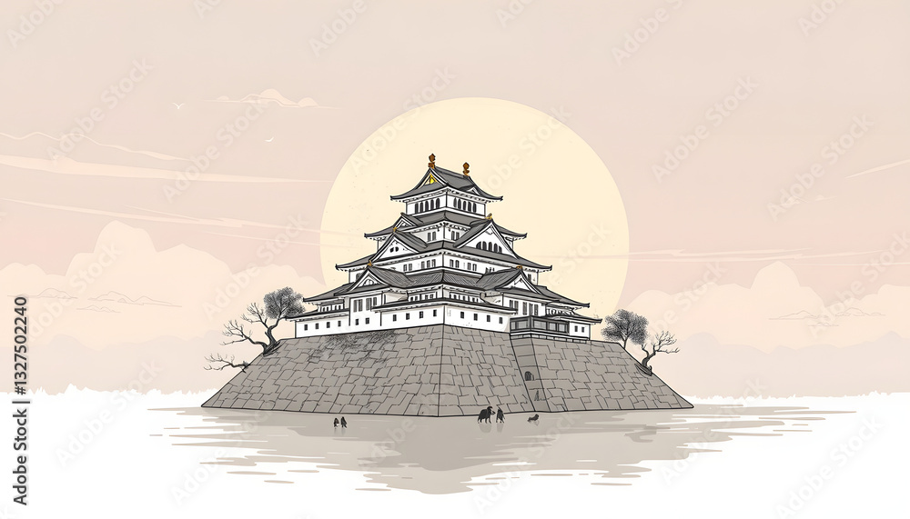 Obraz premium Hiroshima Castle- Phone wallpaper, hand-drawn digital illustration. White tone