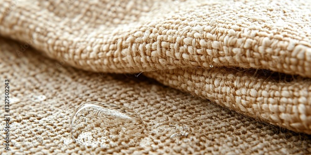 Water droplets bead on a textured fabric surface showcasing its water-resistant properties and natural fibers Water droplets bead on a textured fabric surface showcasing its water-resistant properties and natural fibers