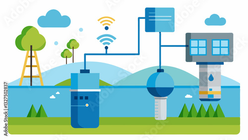 The sensors also have the ability to monitor water levels and control water flow ensuring that the tank maintains a consistent level and preventing overflow or depletion.. Vector illustration