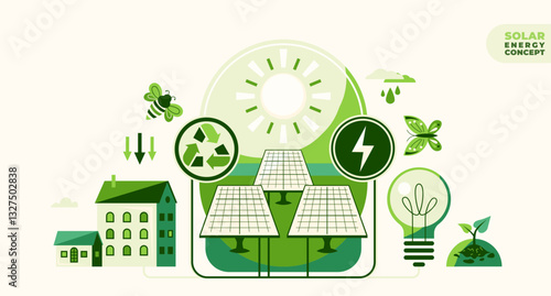 Solar energy, sustain environment vector illustration. Ecology icons, recycle energy technology concept for eco friendly background. Save planet design in flat modern style, geometric shape
