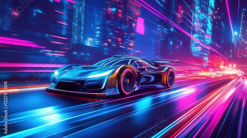A futuristic sports car speeds down a neon lit urban road