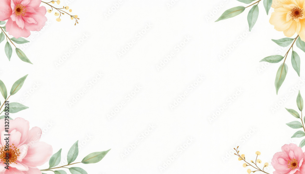 Fototapeta premium Beautiful floral frame with pink and yellow flowers on soft white background