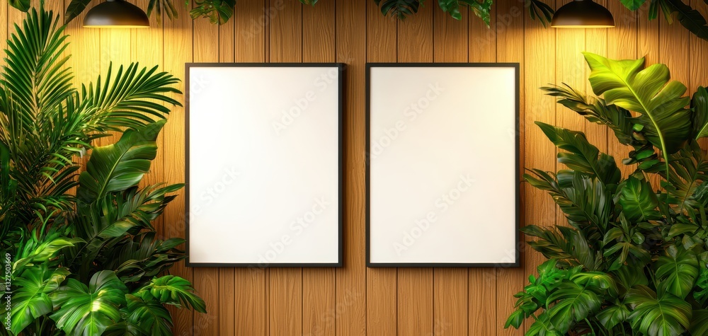 Elegant modern living space with a blank canvas poster on a neutral wall, featuring wooden ceiling accents and soft ambient lighting Elegant modern living space with a blank canvas poster on a neutral wall, featuring wooden ceiling accents and soft ambient lighting