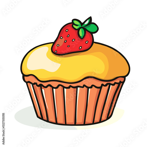 Cupcake with frosting and strawberry on top, vector icon, sweet dessert